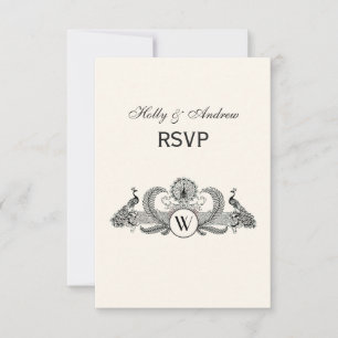 Cartão RSVP Pavões Vintage Monograma Marfim BG