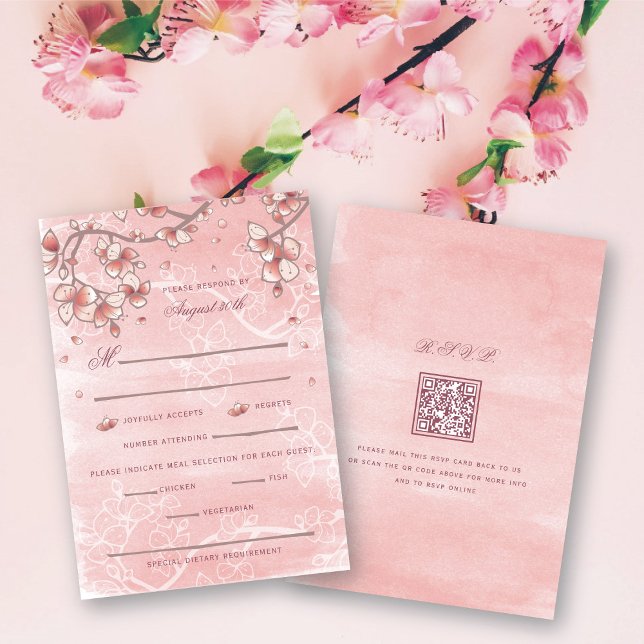 Cartão RSVP Peach Blossoms Dupla Felicidade Casamento Chinês (Pink Peach/Plum Blossoms Double Happiness Elegant Chinese Wedding RSVP Card @ fatfatin_red_knot)