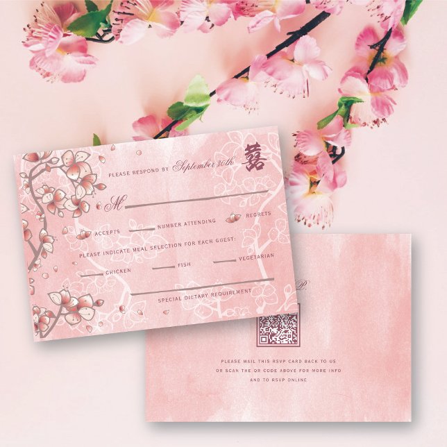 Cartão RSVP Peach Blossoms Dupla Felicidade Casamento Chinês (Pink Peach/Plum Blossoms Double Happiness Elegant Chinese Wedding RSVP Card @ fatfatin_red_knot)