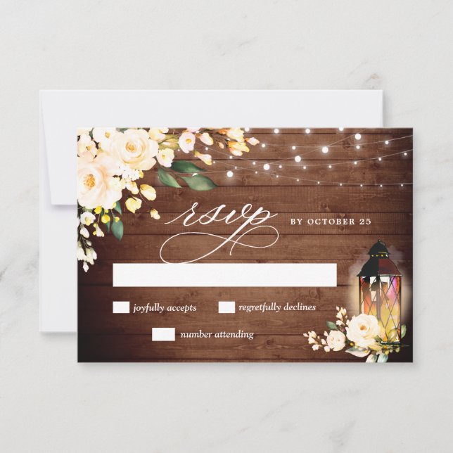 Cartão RSVP Peach Blush Rosas Lanterna de Madeira Rústica (Frente)
