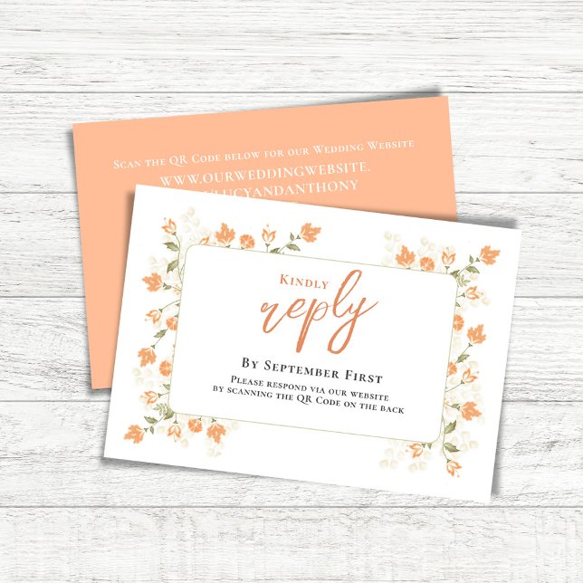 Cartão RSVP Peach Elegante Reply Personalizada (Simple Wedding reply card with a peach floral background and QR code template.)