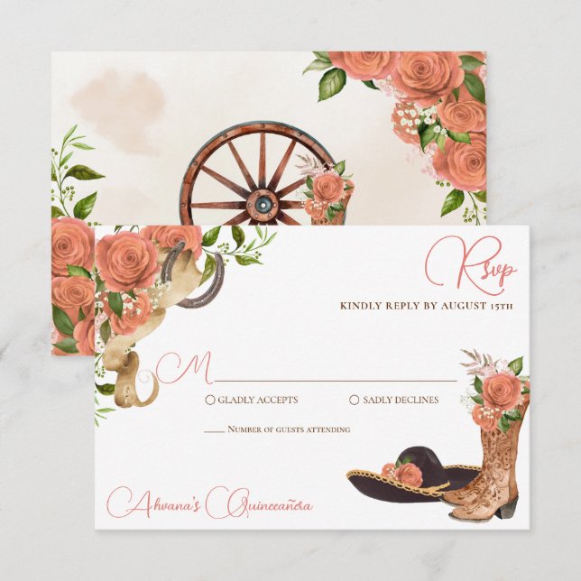 Cartão RSVP Peach Floral Country Western Charro Quinceanera (Frente/Verso)