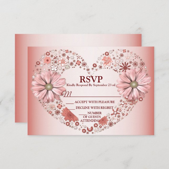 Cartão RSVP Peach Floral Heart Modern Party (Frente/Verso)