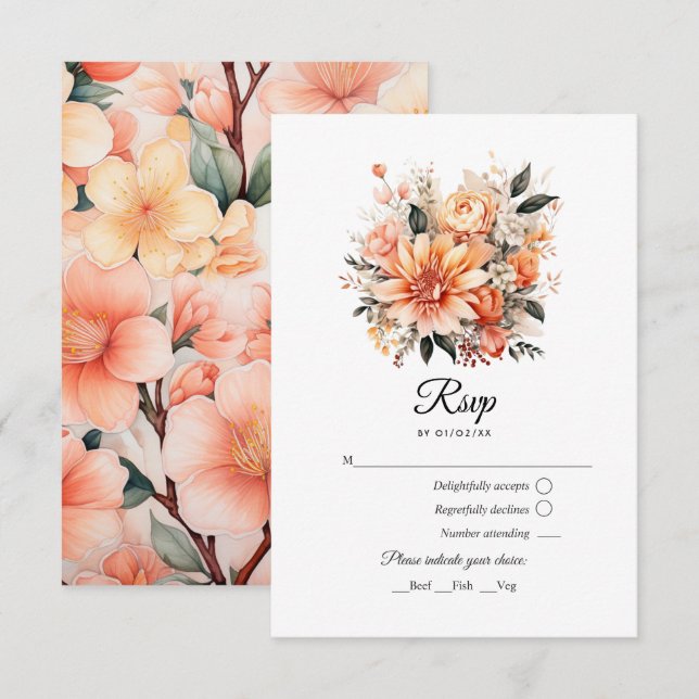 Cartão RSVP Peach Fuzz Floral Wedding (Frente/Verso)