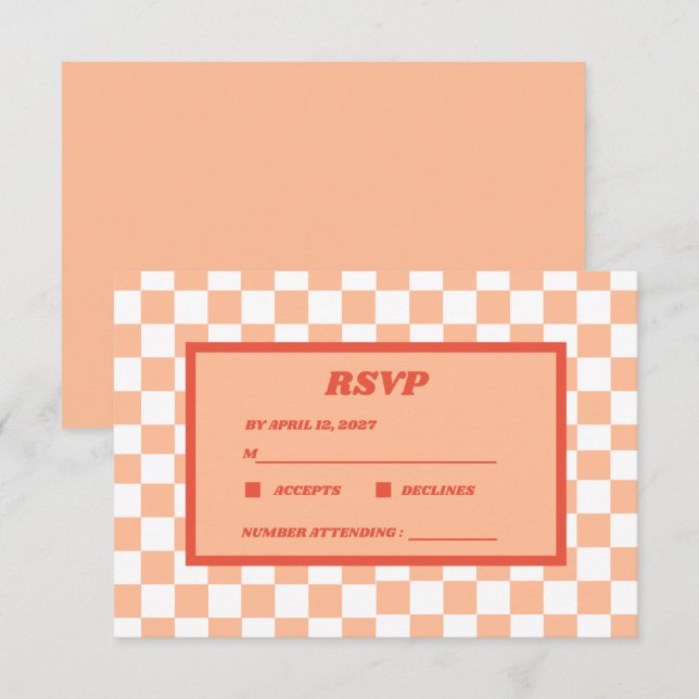 Cartão RSVP Peach Fuzz Red Checkered Gingham Patterno (Frente/Verso)