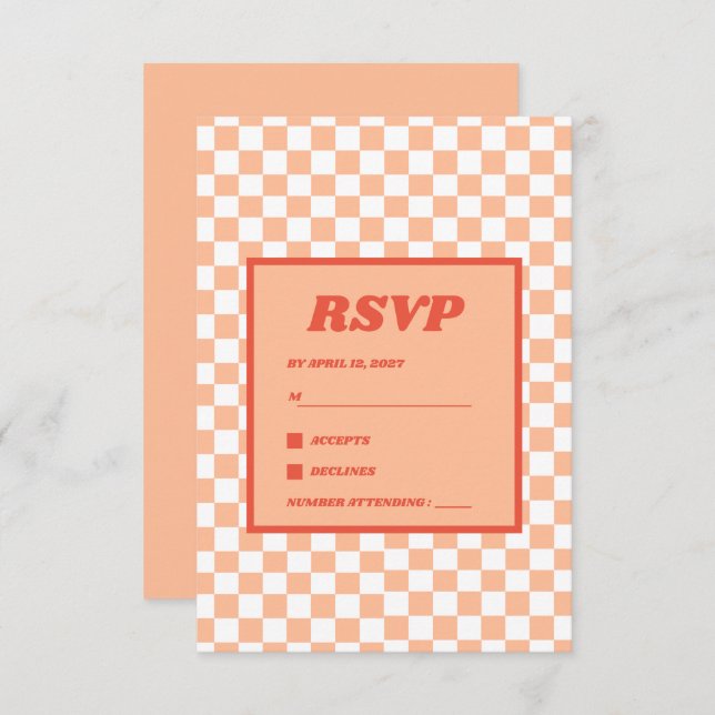 Cartão RSVP Peach Fuzz Red Checkered Gingham Patterno (Frente/Verso)