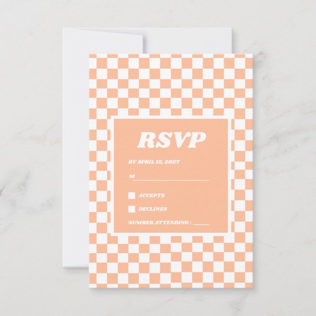 Cartão RSVP Peach Fuzz White Checkered Gingham Patterno (Frente)
