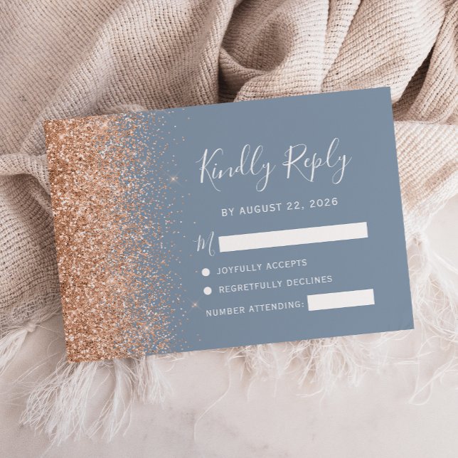 Cartão RSVP Peach Glitter Dusty Blue Weding (Criador carregado)