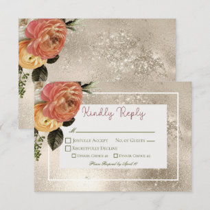 Cartão RSVP Peach Mimosa Blooms Casamento Dourado Floral