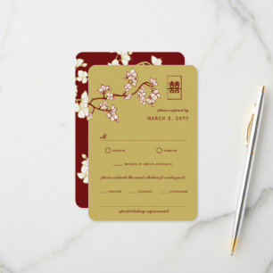 Cartão RSVP Peach/Plum Blossoms Vermelho Dupla Felicidade Casa