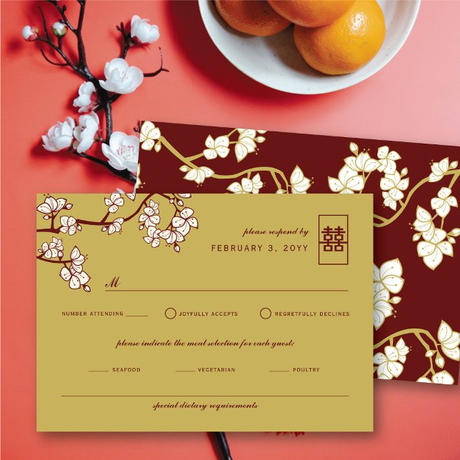 Cartão RSVP Peach/Plum Blossoms Vermelho Dupla Felicidade Casa (Peach/Plum Blossoms Red Double Happiness Wedding RSVP Card @ fatfatin_red_knot)