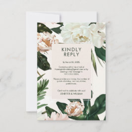 Cartão RSVP Peach White Peonies e Green Deixa Casamento Floral