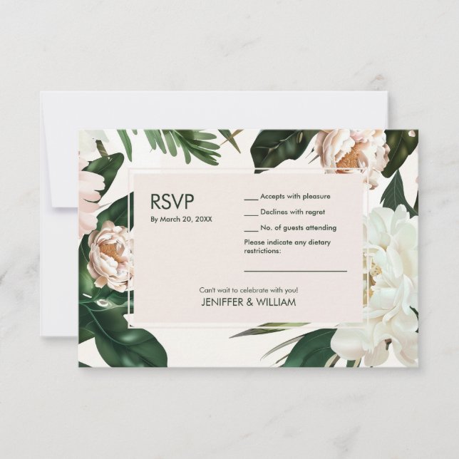 Cartão RSVP Peach White Peonies e Green Deixa Casamento Floral (Frente)