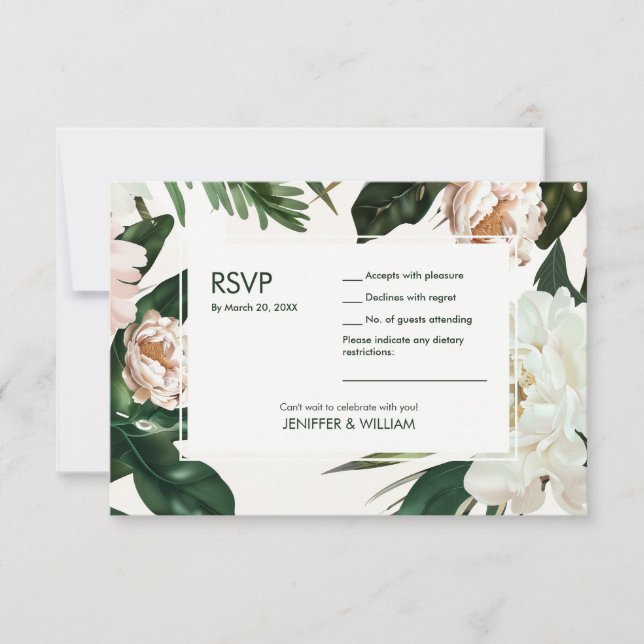 Cartão RSVP Peach White Peonies e Green Deixa Casamento Floral (Frente)