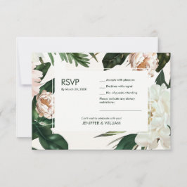 Cartão RSVP Peach White Peonies e Green Deixa Casamento Floral