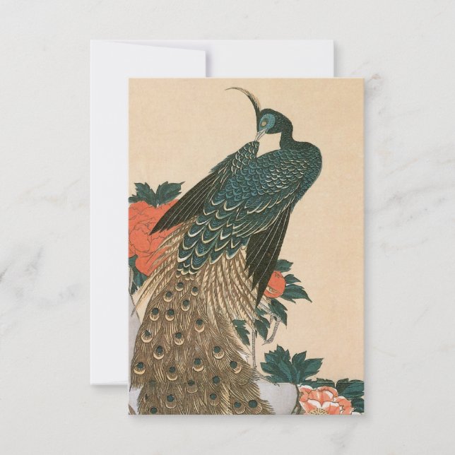 Cartão RSVP Peacock e Peonies por Casamento Hiroshige (Frente)