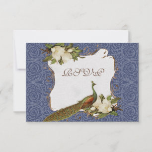 Cartão RSVP Peacock Magnolia Casamento tema damasco de espiral