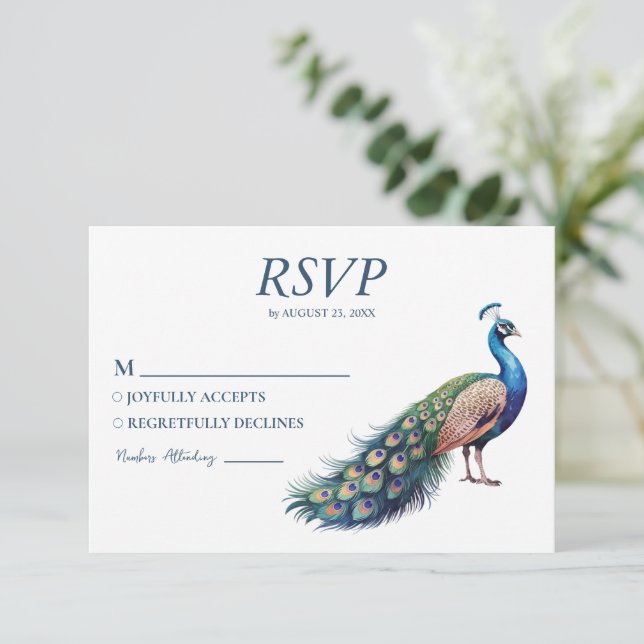 Cartão RSVP Peacock Modern Trendy Watercolor (Em pé/Frente)