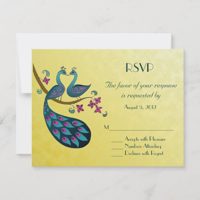 Cartão RSVP Peacock - Peahen RSVP, mostarda amarela (Frente)