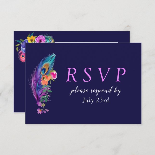 Cartão RSVP Penas e flores de peacock Quinceañera (Frente/Verso)