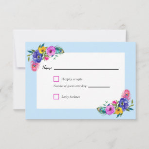 Cartão RSVP Penas e flores de peacock Quinceañera Baby Blue