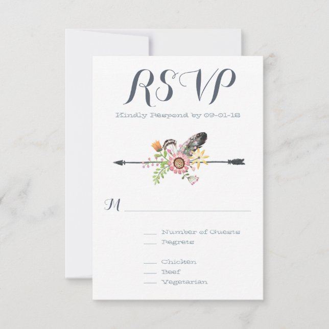 Cartão RSVP Penas e setas de flores selvagens (Frente)