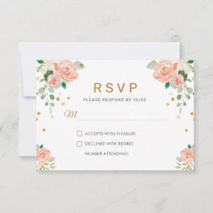 Cartão RSVP Peônia Floral e Confete Dourado Chique Elegante Ch