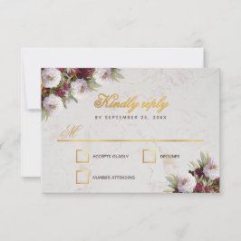 Cartão RSVP Peônias Burgundy de Casamento com Detalhes em Márm