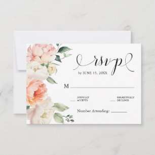 Cartão RSVP Peônias Rosa Bege Românticas Casamento Floral Rúst