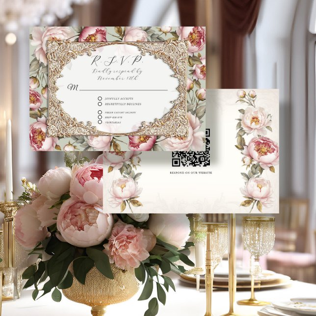 Cartão RSVP Peony Floral Elegante Dourado Pink e Sage Weding (Criador carregado)