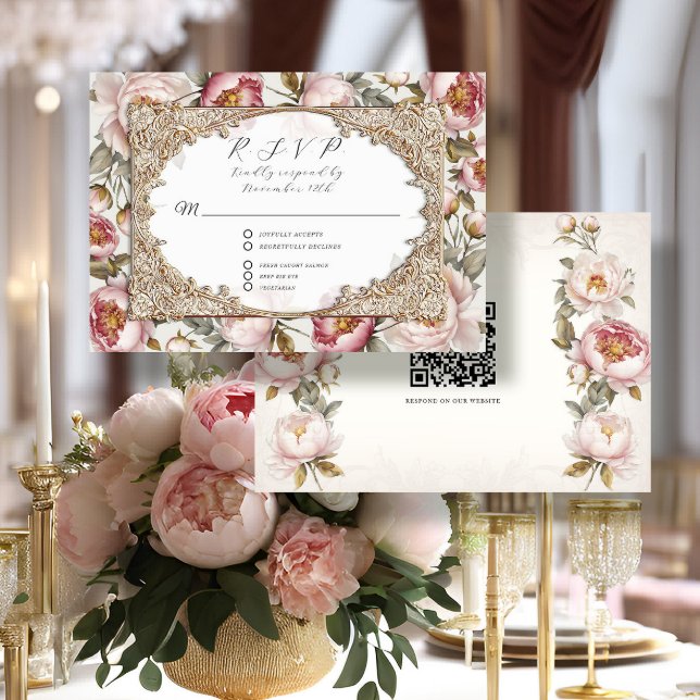 Cartão RSVP Peony Floral Elegante Dourado Rosa e Casamento de  (Criador carregado)