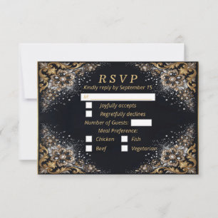 Cartão RSVP Pérola Diamante Arco Preto Luxo Formal