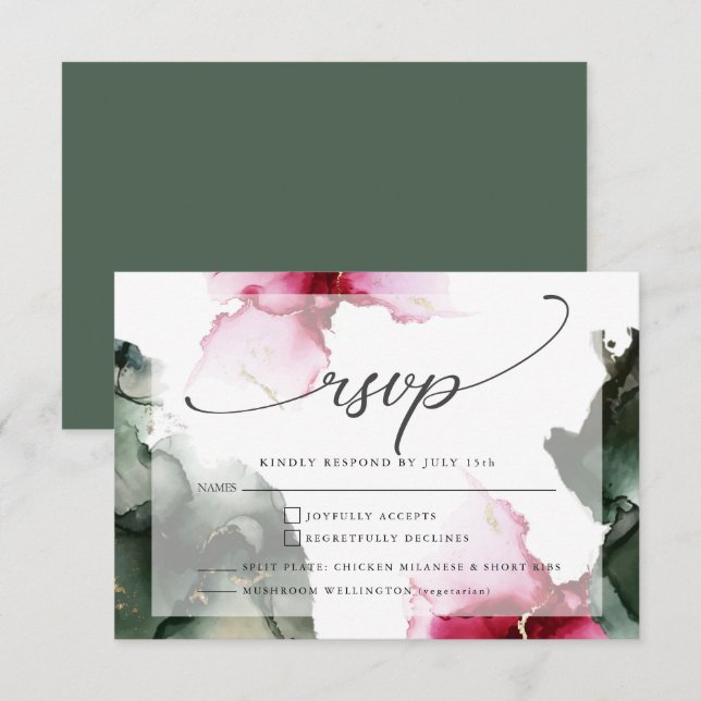Cartão RSVP Personalizar2 Crimson e Sage Green Watercolor (Frente/Verso)