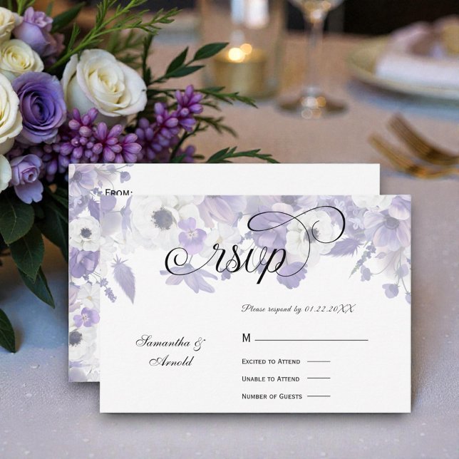 Cartão RSVP Personalized Violet Purple Flowers Wedding (Criador carregado)