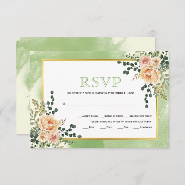 Cartão RSVP Pessegueiro de flores aquáticas sage casamento flo (Frente/Verso)