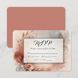 Cartão RSVP Pétalas Coradas e Redemoinhos de Prata Casamento