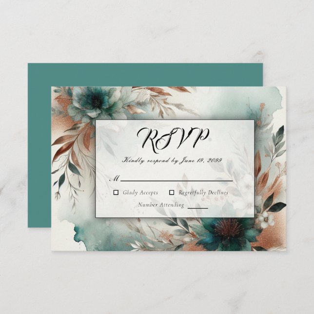Cartão RSVP Pétalas de Teal no Casamento de Sangue de Bronze (Frente/Verso)