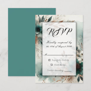 Cartão RSVP Pétalas de Teal no Casamento de Sangue de Bronze