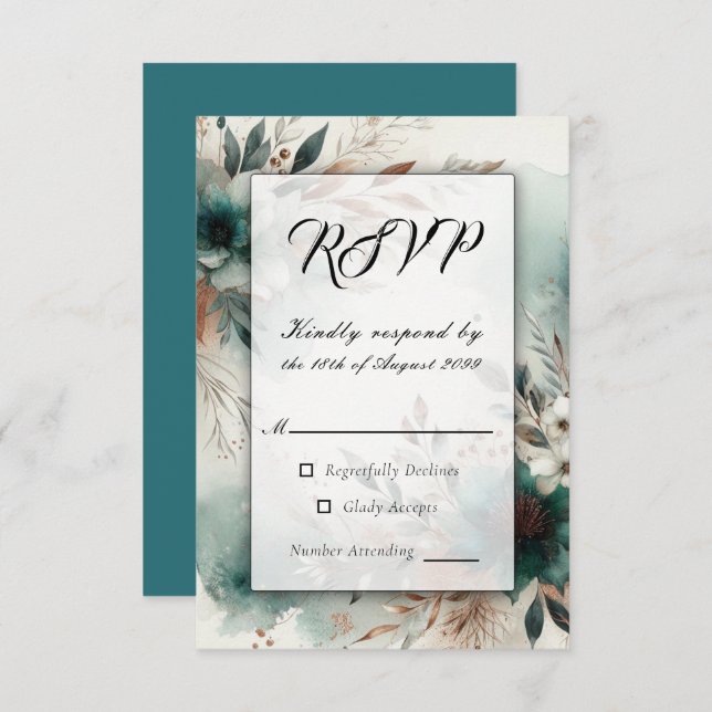 Cartão RSVP Pétalas de Teal no Casamento de Sangue de Bronze (Frente/Verso)