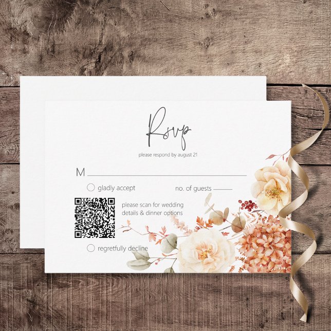Cartão RSVP Picar Queda Rust e Blush Boho Floral Código QR (Spicy Fall Rust & Blush Boho Floral Wedding Response Card with QR Code)