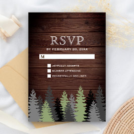 Cartão RSVP Pinheiros de Madeira Rústica Casamento de Inverno