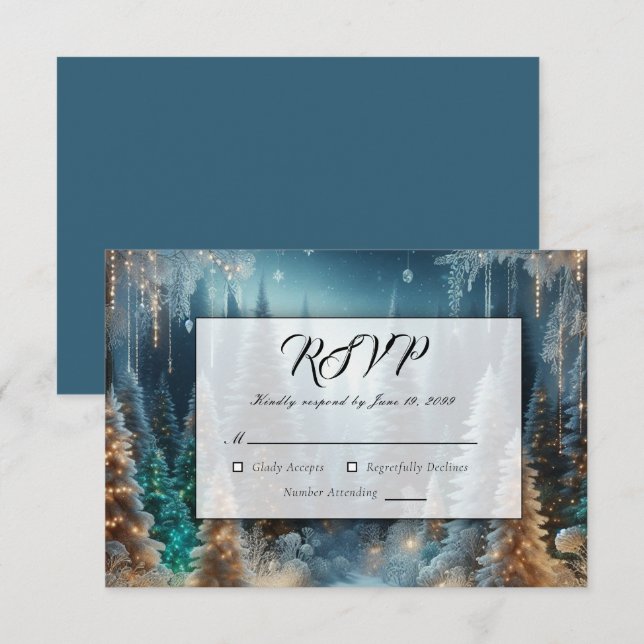 Cartão RSVP Pinheiros foscos no Casamento Brilhante de inverno (Frente/Verso)