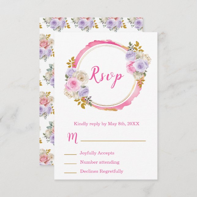 Cartão RSVP Pink and Purple Elegant Flowers Sweet Sixteen (Frente/Verso)