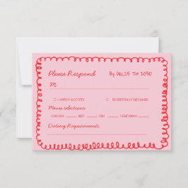 Cartão RSVP pink and red hand drawn heart whimsical wedding
