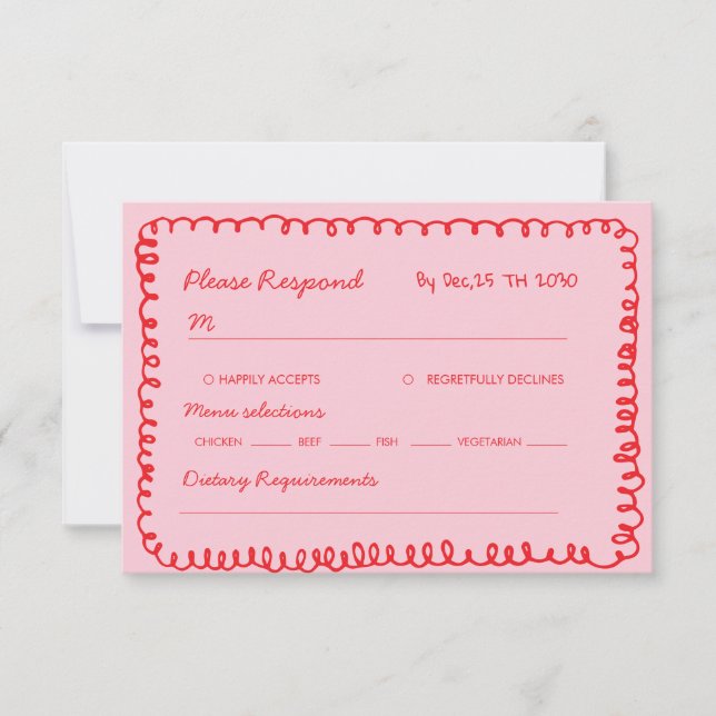 Cartão RSVP pink and red hand drawn heart whimsical wedding (Frente)
