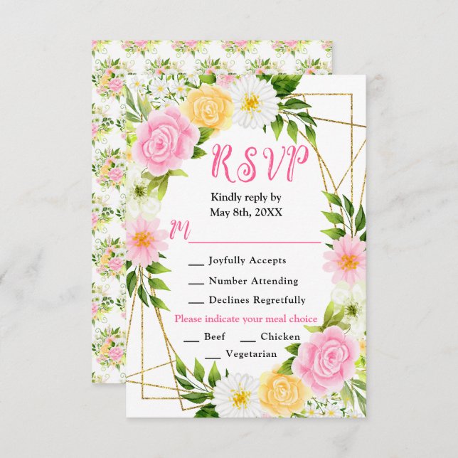 Cartão RSVP Pink and Yellow Flowers with Foliage Wedding (Frente/Verso)