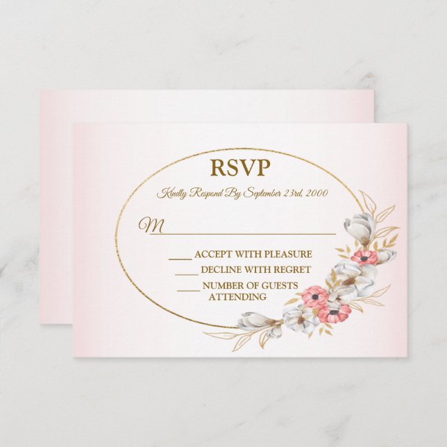 Cartão RSVP Pink Floral Golden Peach Modern Wedding Party (Frente/Verso)