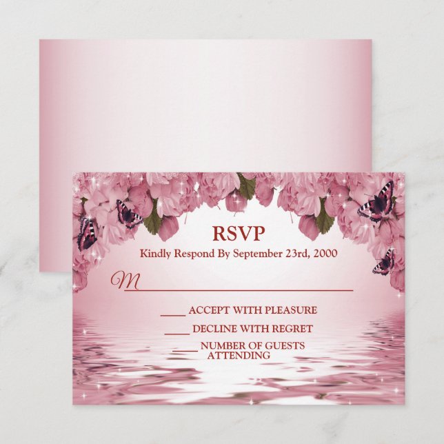 Cartão RSVP Pink Floral Nature Butterfly Outdoor Wedding Party (Frente/Verso)