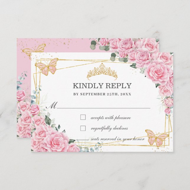Cartão RSVP Pink Floral Quinceañera Sweet 16 Butterflies Reply (Frente/Verso)