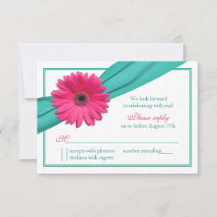 Cartão RSVP Pink Gerbera Daisy Turquoise Casamento de Fita RSV